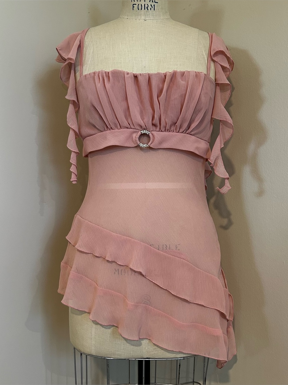 VTG Y2K Xoxo Dusty Rose Asymmetrical Ruffle Tank Sz L